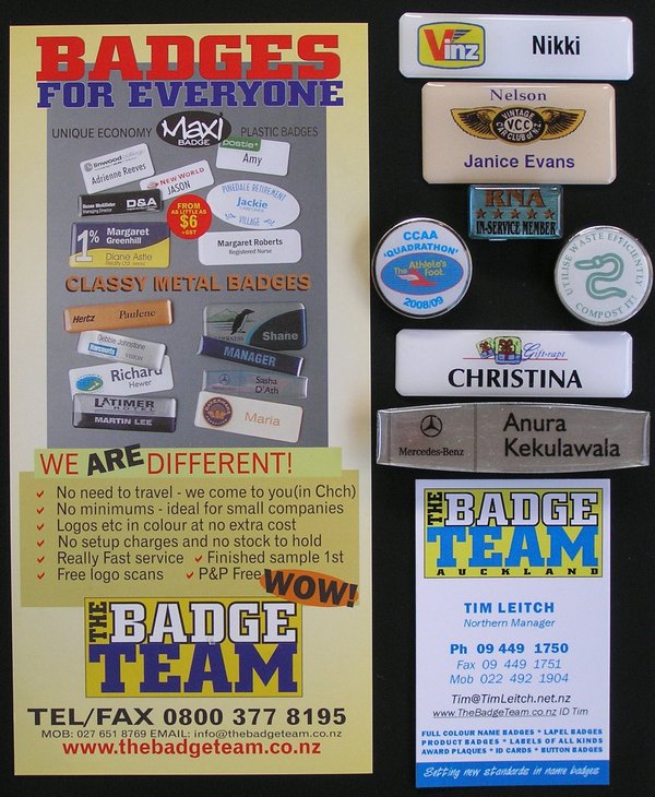 The Badge Team, Tim Leitch, promo & Name Badge & Lapel Badge, Club Badge examples